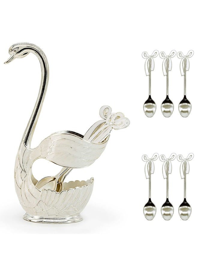 Flylin Coffee Dessert Spoon Set, Swan Base Holder with 6pcs Ice Cream Spoon Coffee Dessert Sugar Flatware (Silver) - Image 1