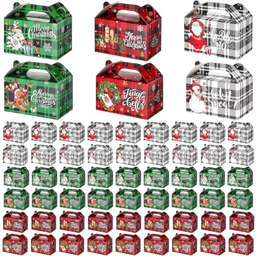 Cholemy 60 Pcs Christmas Treat Boxes 3D Goodie Candy Cookie Boxes with Handle Christmas Containers for Treats Xmas Cardboard Gift Wrap Boxes Christmas Party Favor Supplies 59 x 35 x 35 Inch - Image 1