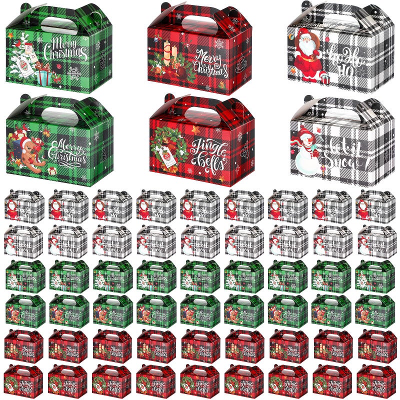 Cholemy 60 Pcs Christmas Treat Boxes 3D Goodie Candy Cookie Boxes with Handle Christmas Containers for Treats Xmas Cardboard Gift Wrap Boxes Christmas Party Favor Supplies 59 x 35 x 35 Inch - Image 2