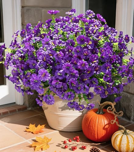 Ivydale Artificial Flowers Fake Plants for Outdoors Decoration, 12 Bundles Purple Silk Morning Glory with Eucalyptus Realistic UV Resistant Faux Flowers Greenery for Outside Planter Yard Garden Home Indoor - Image 1