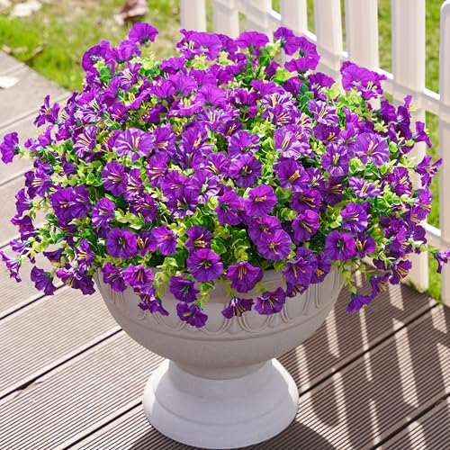 Ivydale Artificial Flowers Fake Plants for Outdoors Decoration, 12 Bundles Purple Silk Morning Glory with Eucalyptus Realistic UV Resistant Faux Flowers Greenery for Outside Planter Yard Garden Home Indoor - Image 2