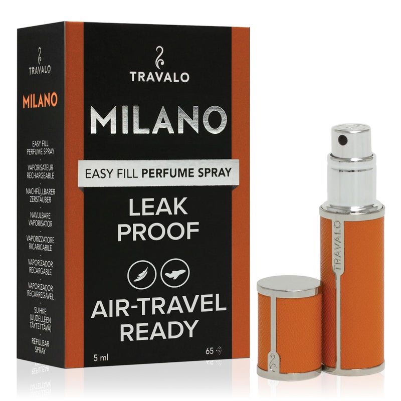 Travalo رذاذ عطر ترافالو ميلانو مقاوم للتسرب ومعتمد من TSA للسفر الجوي قابل لإعادة الاستخدام سهل التعبئة مضخة صغيرة خفيفة الوزن من الجلد النباتي مع غلاف معدني مصقول برتقالي - Image 1