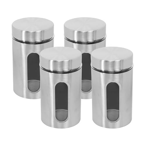 WRINGO Steel Cover Window Clear Glass Jars for Kitchen Storage Food Spices Canister with Airtight Lid Container Organizer, Tea Coffee & Sugar (Silver - 900ML, Set of 4) - Image 1