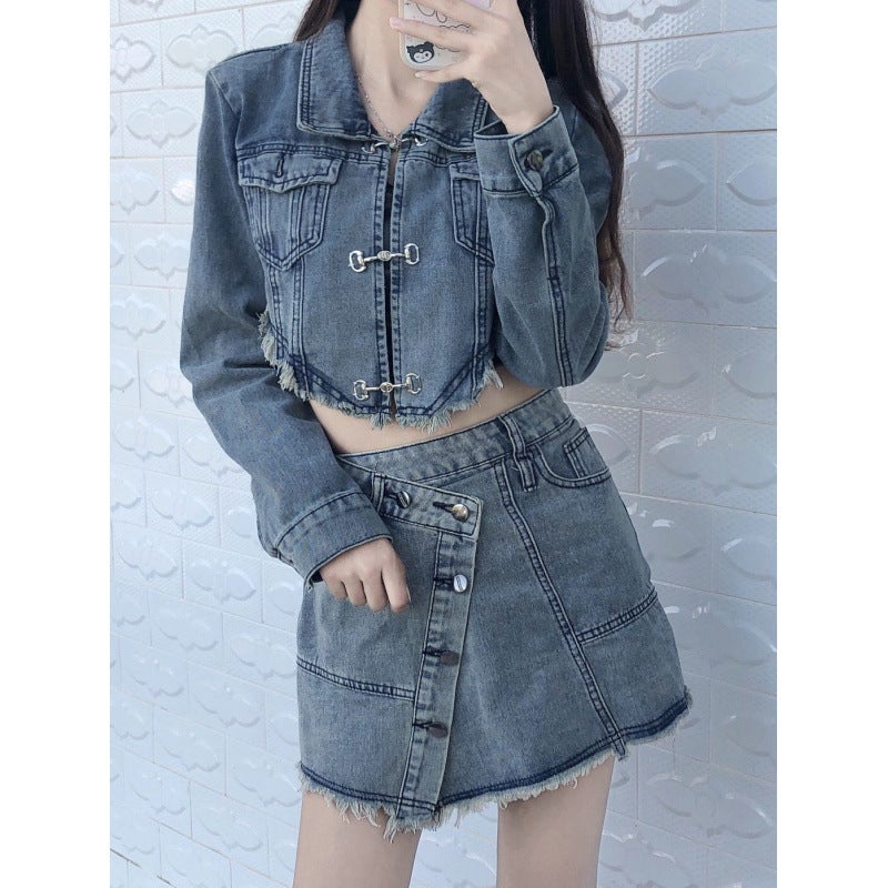 Denim Skirt Suit Female Spice Girl Vintage Navel Irregular Denim Ruff Suit Women Skirt Short Skirt Two-Piece Set - Image 3