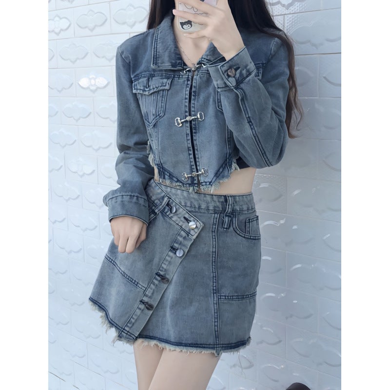Denim Skirt Suit Female Spice Girl Vintage Navel Irregular Denim Ruff Suit Women Skirt Short Skirt Two-Piece Set - Image 4