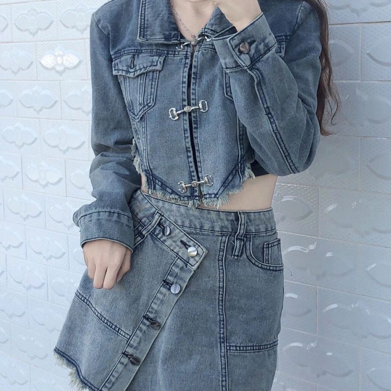 Denim Skirt Suit Female Spice Girl Vintage Navel Irregular Denim Ruff Suit Women Skirt Short Skirt Two-Piece Set - Image 1