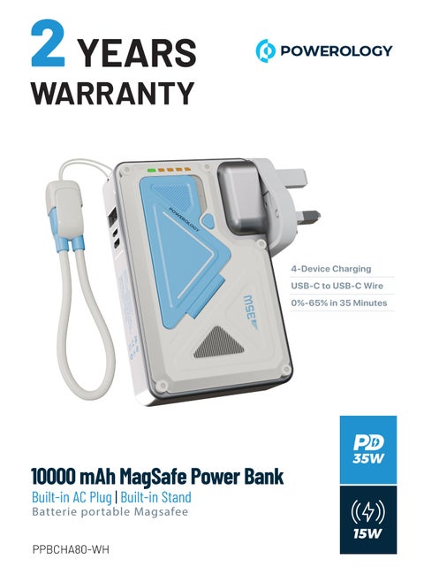10000mAh MagSafe Power Bank PD 35W Fast Charging Wall Charger 10000 mAh with Built-in AC Plug & 15W Wireless Charging / USB-C to USB-C Wire / 4-Device Charging Powerbank / Lightning Input/Output / Simultaneous Charging - White