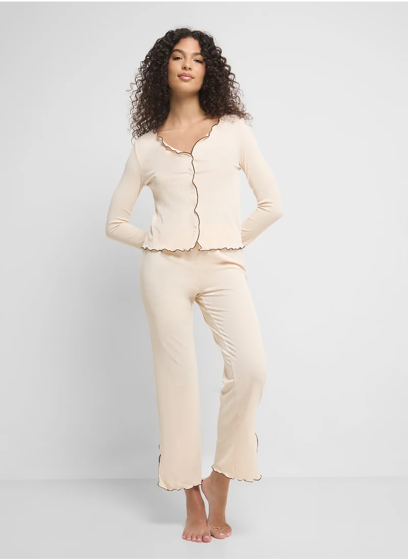 جينجر Ribbed Button Up Shirt & Pyjama Set