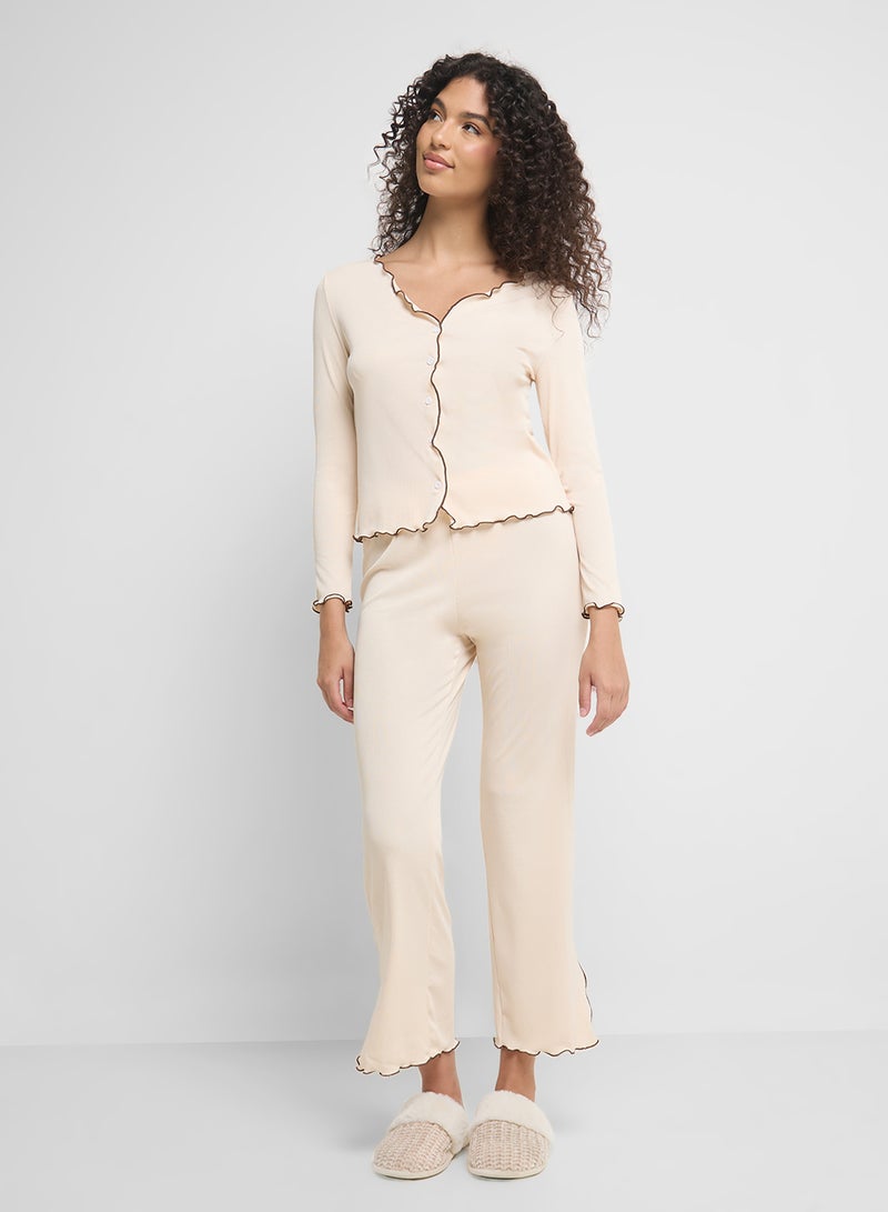 Ginger Ribbed Button Up Shirt & Pyjama Set  - Image 5