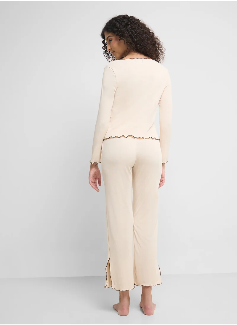جينجر Ribbed Button Up Shirt & Pyjama Set