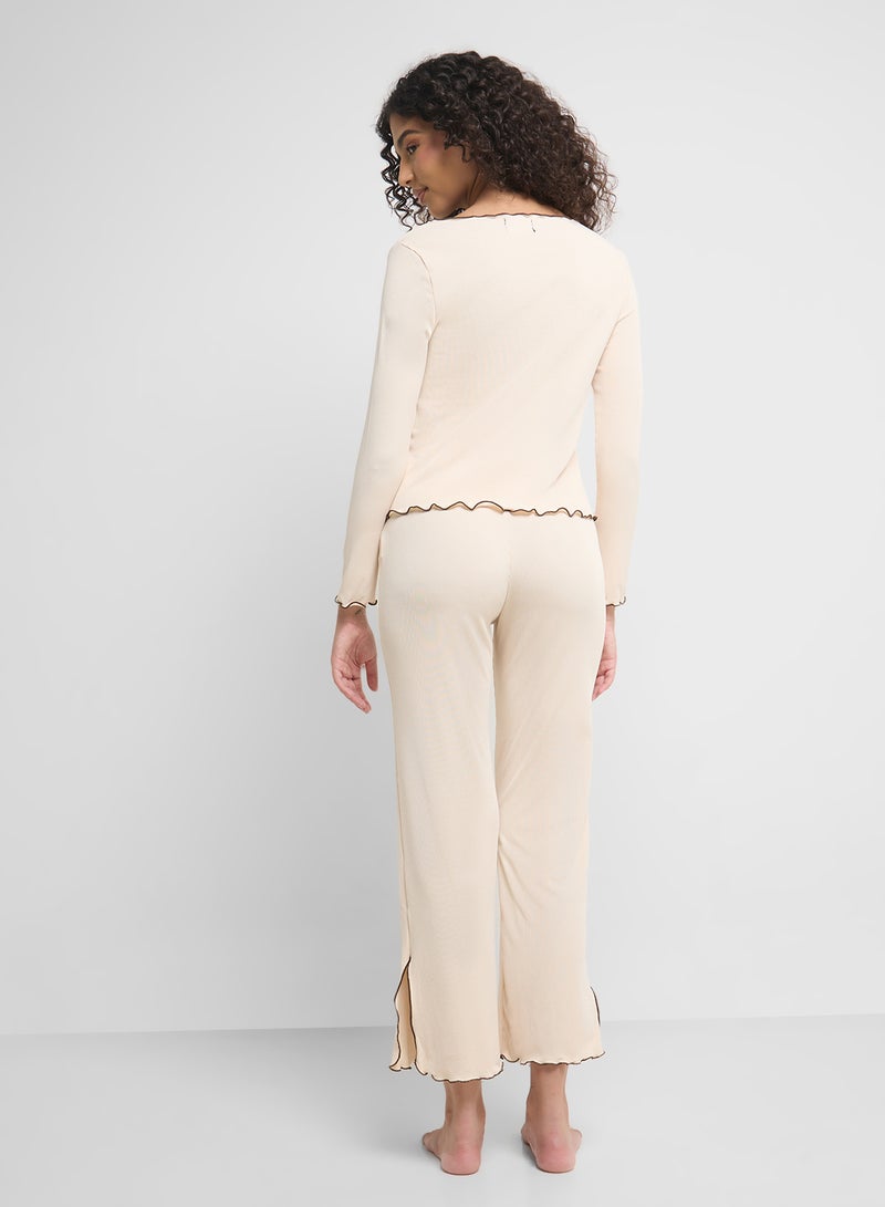 Ginger Ribbed Button Up Shirt & Pyjama Set  - Image 2