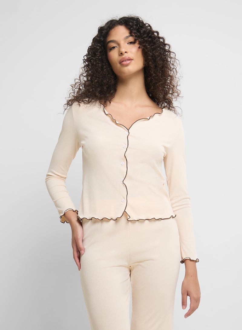 Ginger Ribbed Button Up Shirt & Pyjama Set  - Image 3