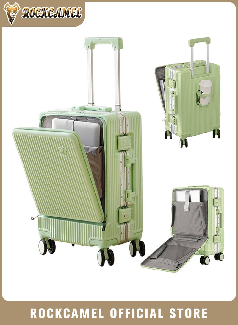 ROCKCAMEL Lightweight Aluminum Frame Luggage With Front Open Design 20-Inch, Anti-Drop Carry-On Trolley Boarding Suitcase With Laptop Compartment, Hard Shell Travel Luggage With Cup Holder, USB Port And Phone Holder (Green, 20-Inch) - Image 1