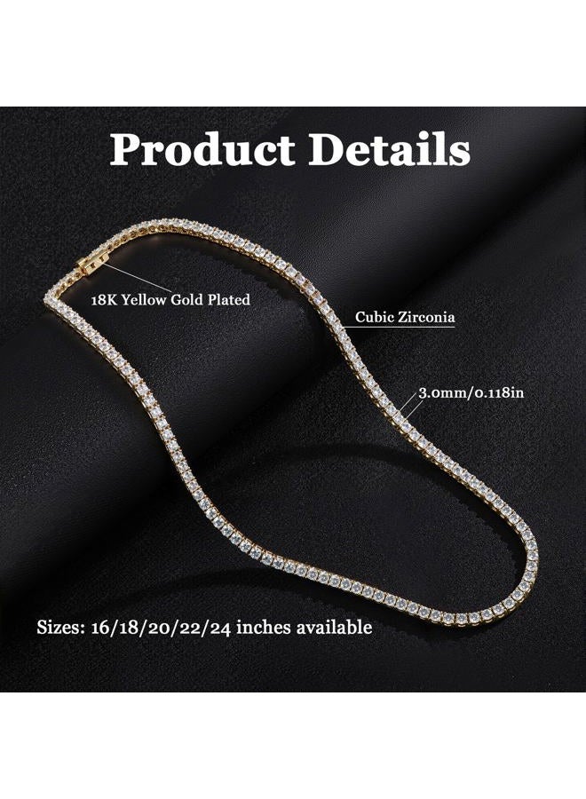 GEMSME 18K Yellow Gold Plated 3.0mm Round Cubic Zirconia Classic Tennis Necklace for Women and Men 18 Inch - Image 4