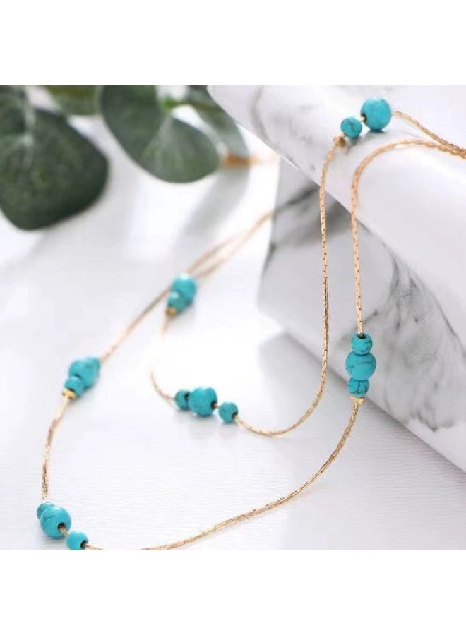 Goolsky Bohemian Turquoise Jewelry Set - Round Gemstone Multi-Layered Necklace & Stud Earrings 2-Piece Boho Accessory Set - Image 4