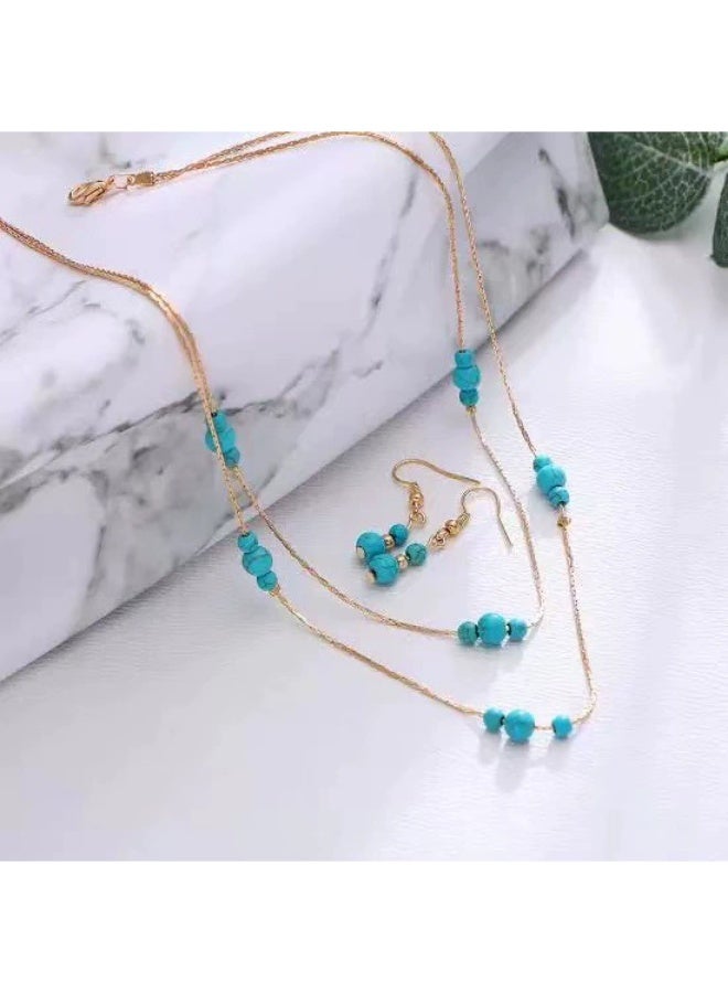 Goolsky Bohemian Turquoise Jewelry Set - Round Gemstone Multi-Layered Necklace & Stud Earrings 2-Piece Boho Accessory Set - Image 2