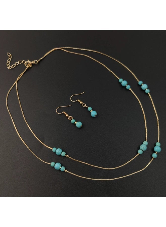 Goolsky Bohemian Turquoise Jewelry Set - Round Gemstone Multi-Layered Necklace & Stud Earrings 2-Piece Boho Accessory Set - Image 3