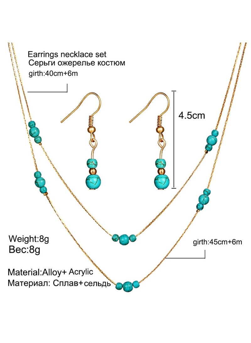 Goolsky Bohemian Turquoise Jewelry Set - Round Gemstone Multi-Layered Necklace & Stud Earrings 2-Piece Boho Accessory Set - Image 5