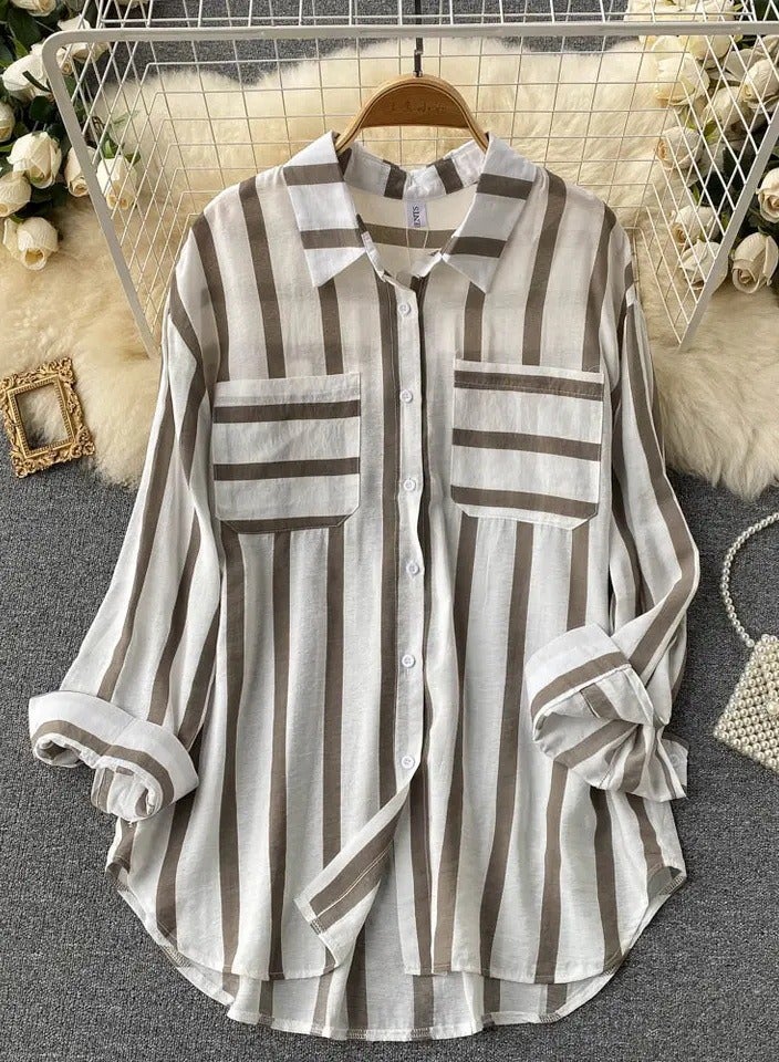 Loquat Women's Striped Button Down Shirts Casual Long Sleeve Stylish Blouses Tops with Pockets Khaki Stripes 