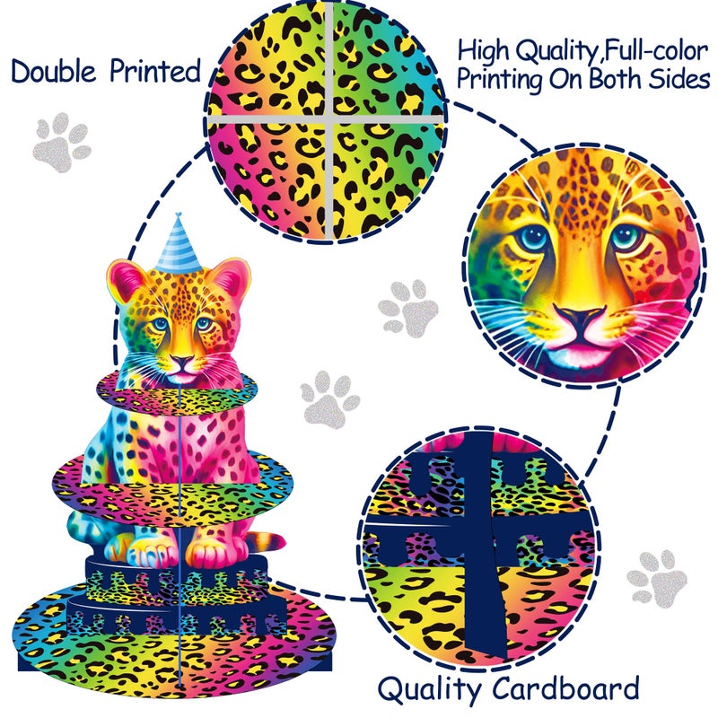 umoni Rainbow Neon Leopard Cupcake Stand Cheetah Birthday Party Decorations 3 Tiers Leopard Cupcake Holder Cheetah Print Dessert Tower for Neon Animals Theme Party Supplies - Image 2