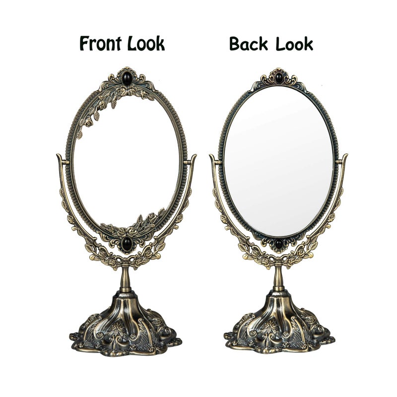 Feyarl Small Metal Vintage Makeup Mirror Floral Tabletop Oval Vanity Swivel Double Sided Mirror With Stand Elegant Decorative For Dressing Room Bedroom (Bronze) - Image 4