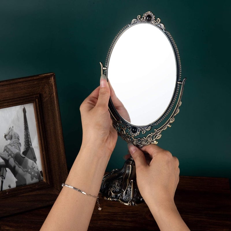 Feyarl Small Metal Vintage Makeup Mirror Floral Tabletop Oval Vanity Swivel Double Sided Mirror With Stand Elegant Decorative For Dressing Room Bedroom (Bronze) - Image 3