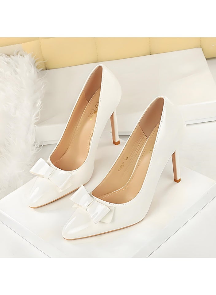 BIGTREE Women's Bowknot Stiletto Pumps Closed Pointed Toe High Heels Party Dress Shoes White 10CM - Image 1