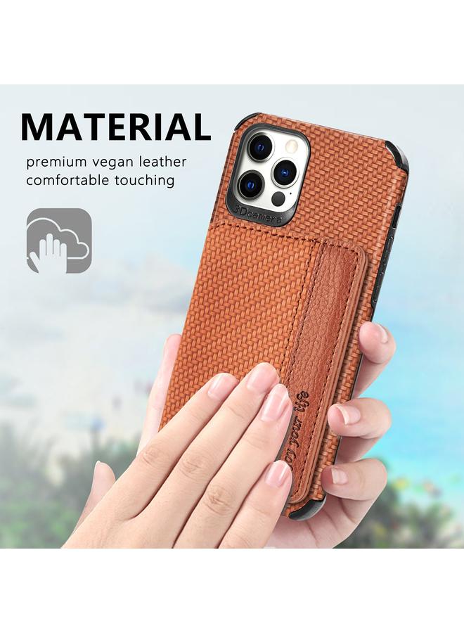 Zaboon Case For iPhone 12 / 12 Pro Carbon Fiber Magnetic Card Bag TPU+PU Shockproof Back Cover Case with Holder & Card Slot & Photo Frame - Image 5