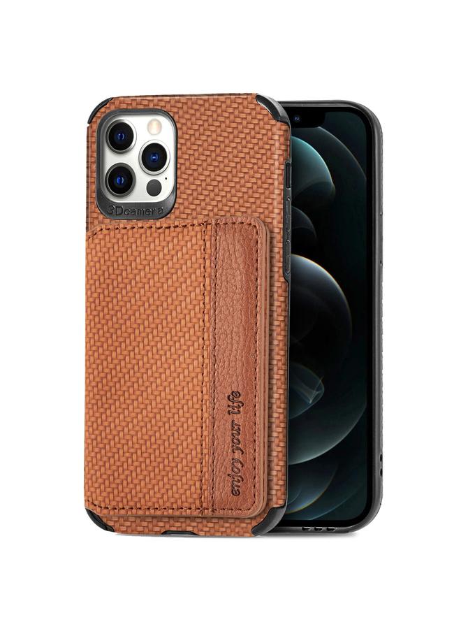 Zaboon Case For iPhone 12 / 12 Pro Carbon Fiber Magnetic Card Bag TPU+PU Shockproof Back Cover Case with Holder & Card Slot & Photo Frame - Image 2