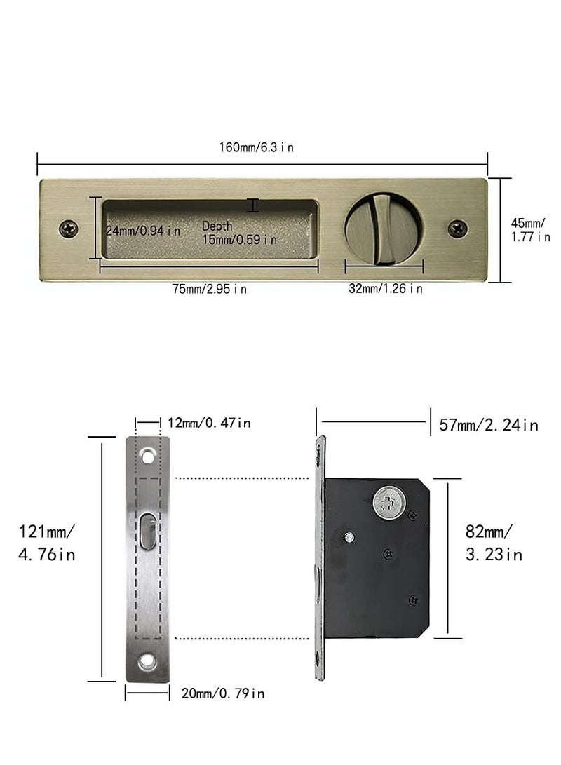 Barakah 6.3 Privacy Pocket Door Lock Hardware with Key Recessed Sliding Door Mortise Lock, Double Barn Door Lock Invisible Furniture Hardware for 38mm 55mm Thickness Door Bronze - Image 4