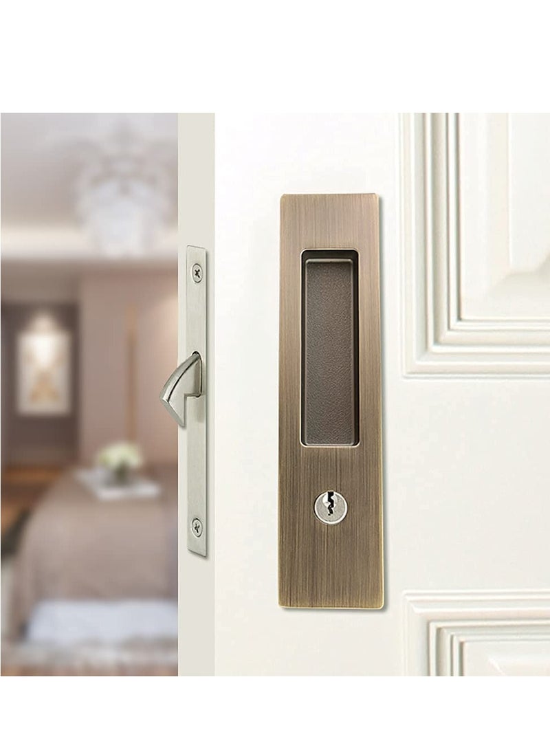 Barakah 6.3 Privacy Pocket Door Lock Hardware with Key Recessed Sliding Door Mortise Lock, Double Barn Door Lock Invisible Furniture Hardware for 38mm 55mm Thickness Door Bronze - Image 1