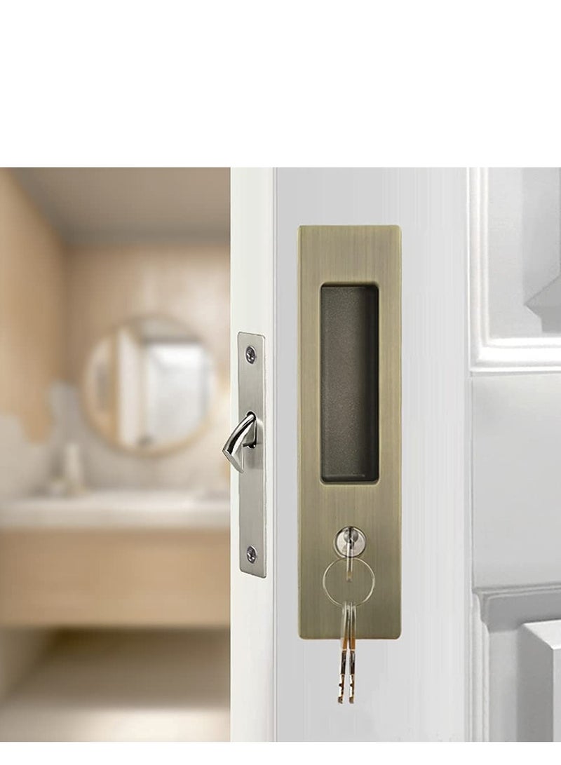 Barakah 6.3 Privacy Pocket Door Lock Hardware with Key Recessed Sliding Door Mortise Lock, Double Barn Door Lock Invisible Furniture Hardware for 38mm 55mm Thickness Door Bronze - Image 2