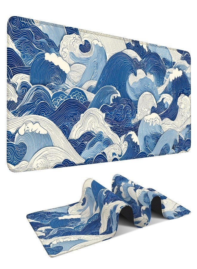 ANNA QUEEN Mouse Pad XL 31.5” x11.8” - Ukiyo-e Blue Sea Art Desk Mat - Large Waterproof, Mousepad with Anti-Abrasive Edge - Image 1