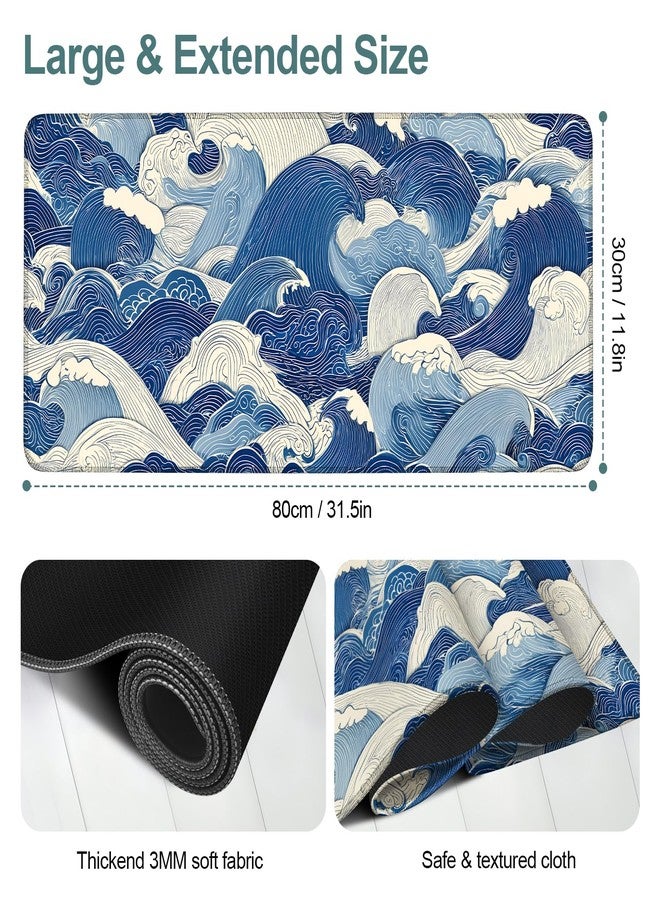 ANNA QUEEN Mouse Pad XL 31.5” x11.8” - Ukiyo-e Blue Sea Art Desk Mat - Large Waterproof, Mousepad with Anti-Abrasive Edge - Image 2