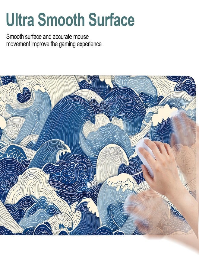 ANNA QUEEN Mouse Pad XL 31.5” x11.8” - Ukiyo-e Blue Sea Art Desk Mat - Large Waterproof, Mousepad with Anti-Abrasive Edge - Image 5