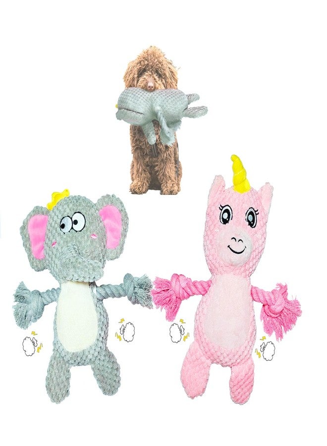 Lunarixel Squeaky Tug of War Dog Toys with Crinkle Paper, Stuffed Dog Plush Chewing Toy, Cotton Rope Interactive Toys for Puppy, Small, Middle and Large Dogs, Pink Unicorn and Gray Elephant 2-Pack - Image 1