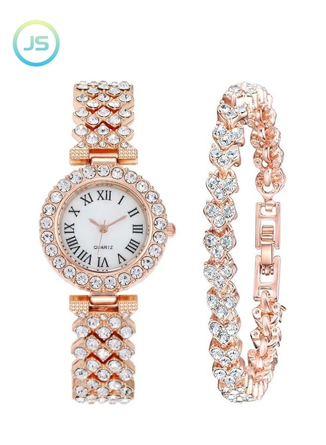 JS Ladies Wristwatch and Bracelet Set, Luxury Crystal Quartz Watch Set, Sparkling Rhinestone Bracelet Watch with Shiny Crystal Bangle, Exquisite and Fashionable Diamond Watch for Women - Image 1