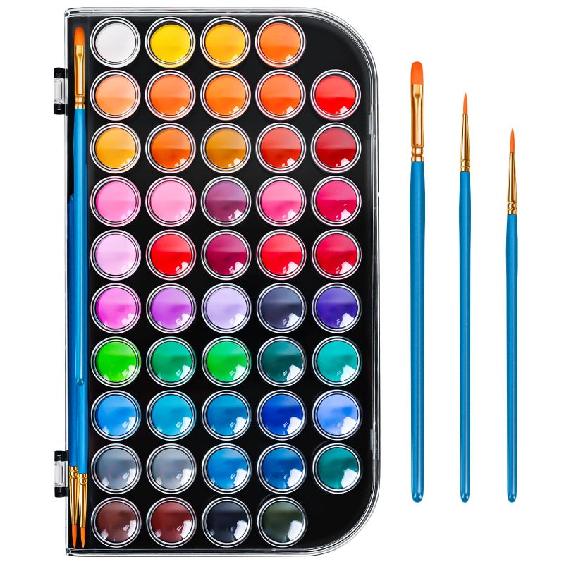 Dushco 48 Color Solid Watercolor Paint Set with 3 Wooden Brushes - Non-Toxic, Vibrant & Washable Watercolor Kit for Artists, Children, Beginners, Kids - Portable Watercolor Painting Set for Travel & Studio - Image 1