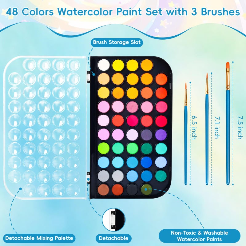 Dushco 48 Color Solid Watercolor Paint Set with 3 Wooden Brushes - Non-Toxic, Vibrant & Washable Watercolor Kit for Artists, Children, Beginners, Kids - Portable Watercolor Painting Set for Travel & Studio - Image 2