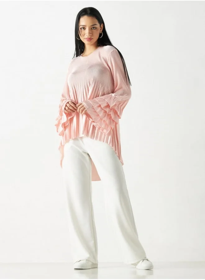2Xtremz 2Xtremz Pleated Top with Flared Layered Sleeves and Round Neck