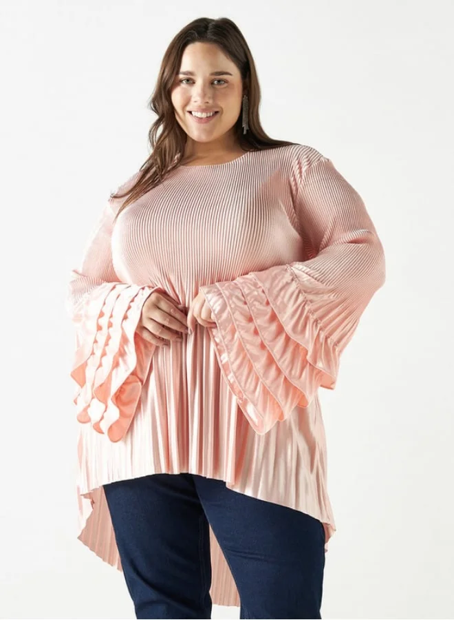 2Xtremz 2Xtremz Pleated Top with Flared Layered Sleeves and Round Neck