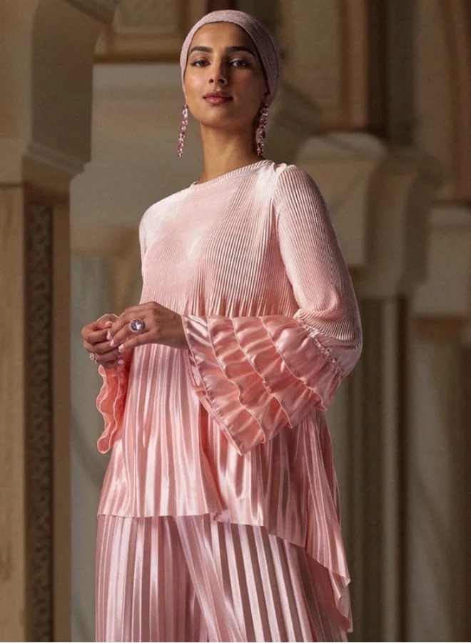 2Xtremz 2Xtremz Pleated Top with Flared Layered Sleeves and Round Neck