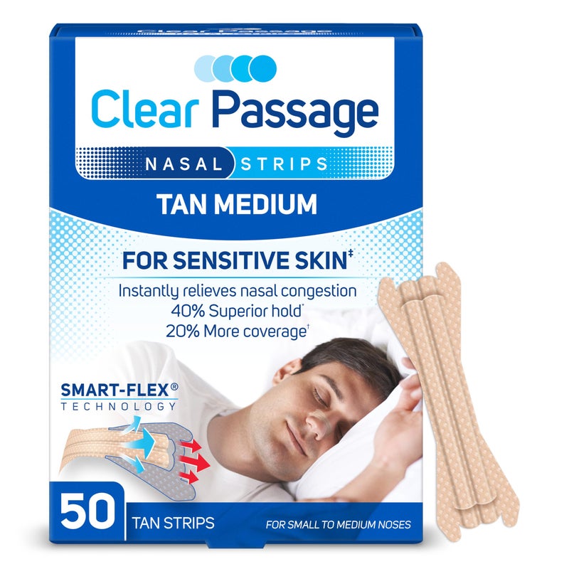 Clear Passage شرائط أنف كلير باساج صغيرة إلى متوسطة، تان، 50 قطعة | تعمل على تحسين النوم وتقليل الشخير وتخفيف احتقان الأنف بسبب الزكام والحساسية - Image 1