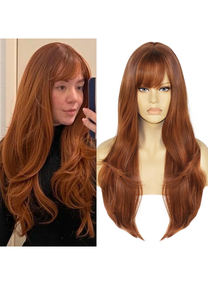 Ebingoo Ebingoo  Wig Cap 28 Inch Ginger Wig with Bangs Auburn Wig for Women Copper Red Wig with Bangs Layered Hair Natural Wavy Long Wig with Bangs Synthetic Wig for Women Girls Daily Wear Halloween Party 
