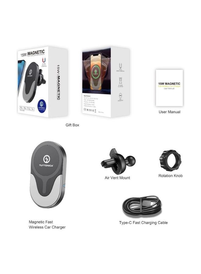 TUTTONICA Automatic 15W Mag-Safe Wireless Magnetic Car Charger For IPHONE AND ANDROID Air Vent Mount AND Dashboard Bracket - Image 2