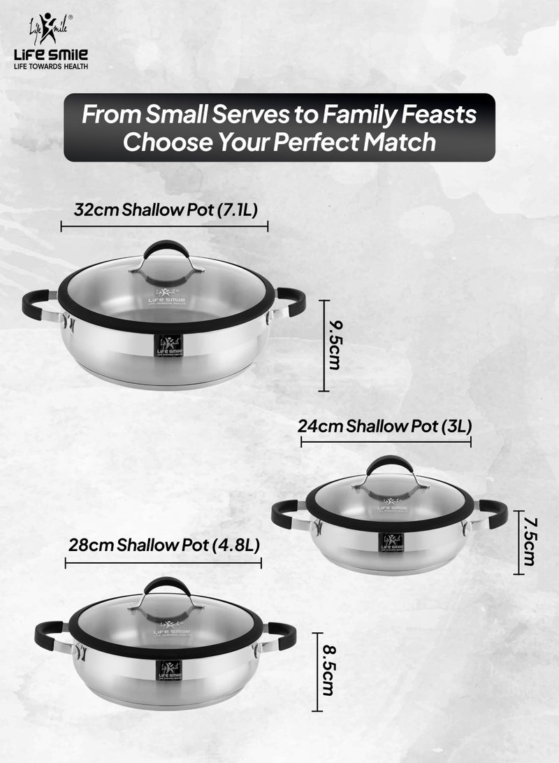 Life Smile 6-Piece Stainless Steel Cookware Set – 18/10 Steel Pots with Silicone Handles, Includes 24/28/32cm Shallow Pots with Lids, 100% PFOA-Free Cooking Set - Image 3