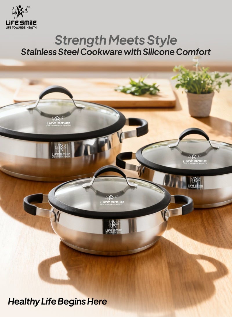 Life Smile 6-Piece Stainless Steel Cookware Set – 18/10 Steel Pots with Silicone Handles, Includes 24/28/32cm Shallow Pots with Lids, 100% PFOA-Free Cooking Set - Image 5