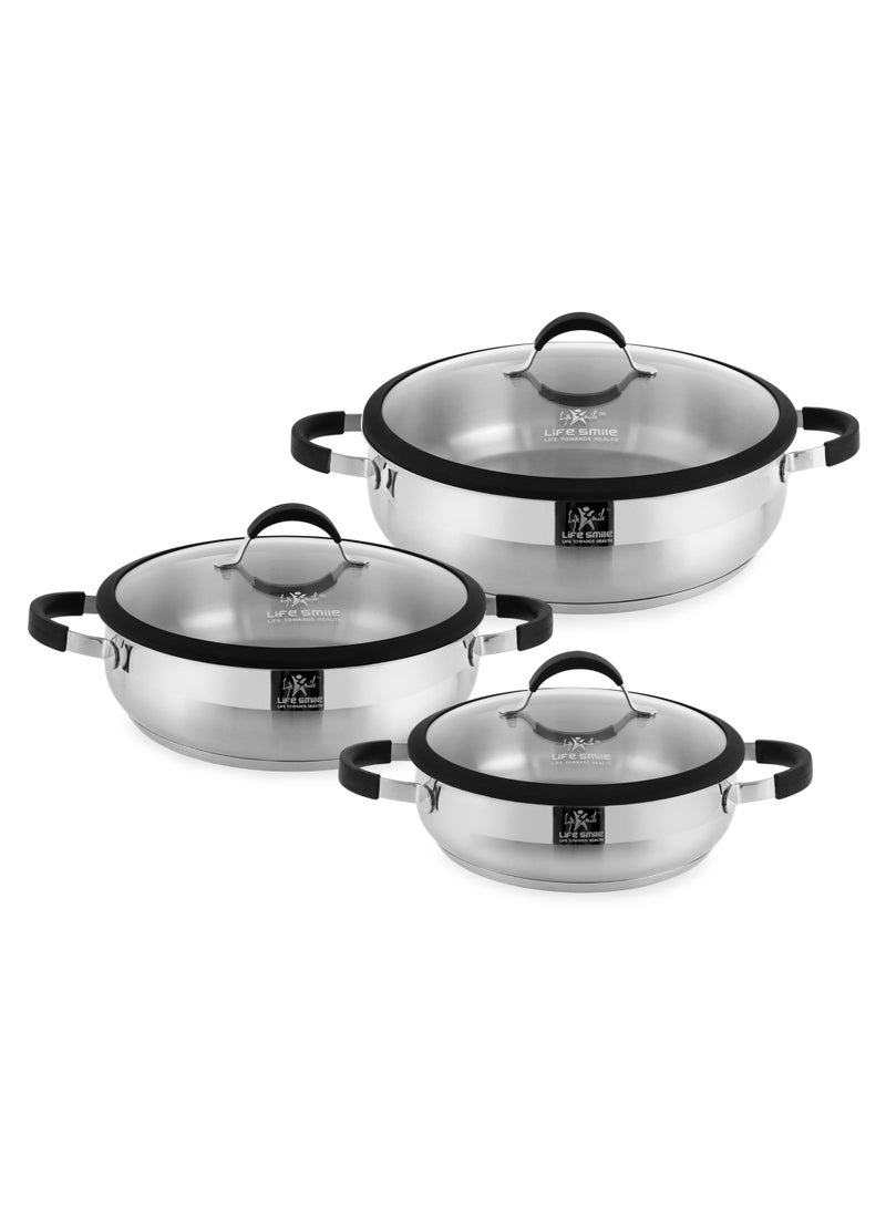 Life Smile 6-Piece Stainless Steel Cookware Set – 18/10 Steel Pots with Silicone Handles, Includes 24/28/32cm Shallow Pots with Lids, 100% PFOA-Free Cooking Set - Image 1