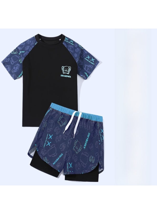 Loquat Children's Swimsuit Boys' Two-piece Boys' Swimsuit Middle And Large Teenagers Summer 2023 Double-layer Swimming Trunks Suit-Color:Blue Bear Swimming Cap Goggles Swimming Bag- - Image 1