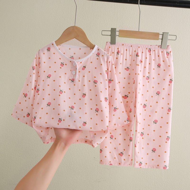 Kids Pajama Set Cotton Breathable Sleepwear Small flower 